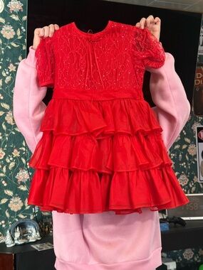 Girls' Red Tiered Ruffle Party Dress with Lace Bodice